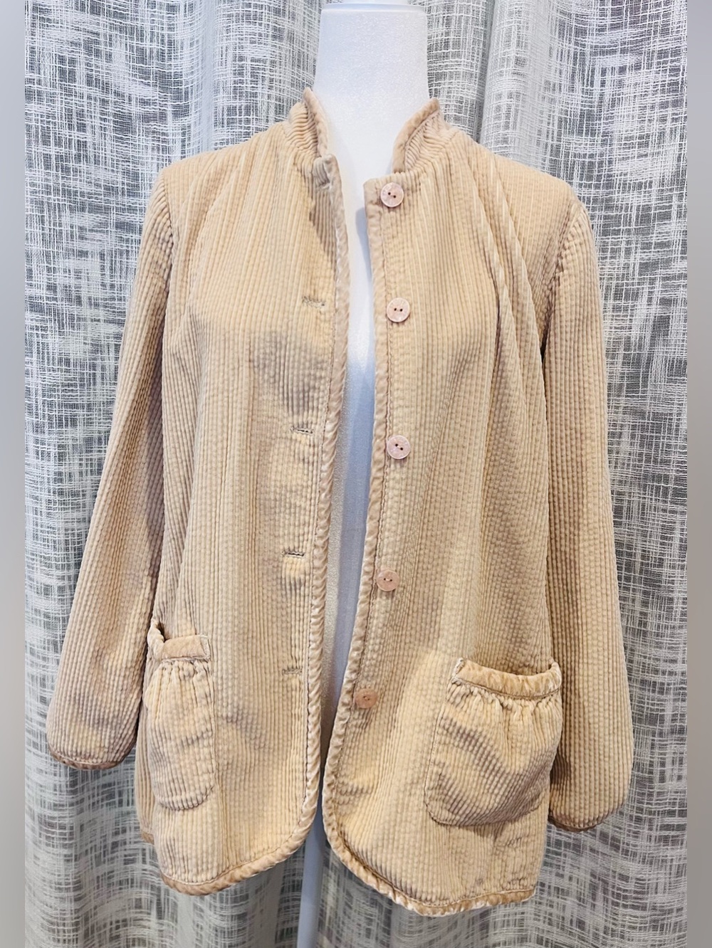 J.Jill Corduroy Jacket MEDIUM Tan Beige Buttons Stand up Collar Casual Coat